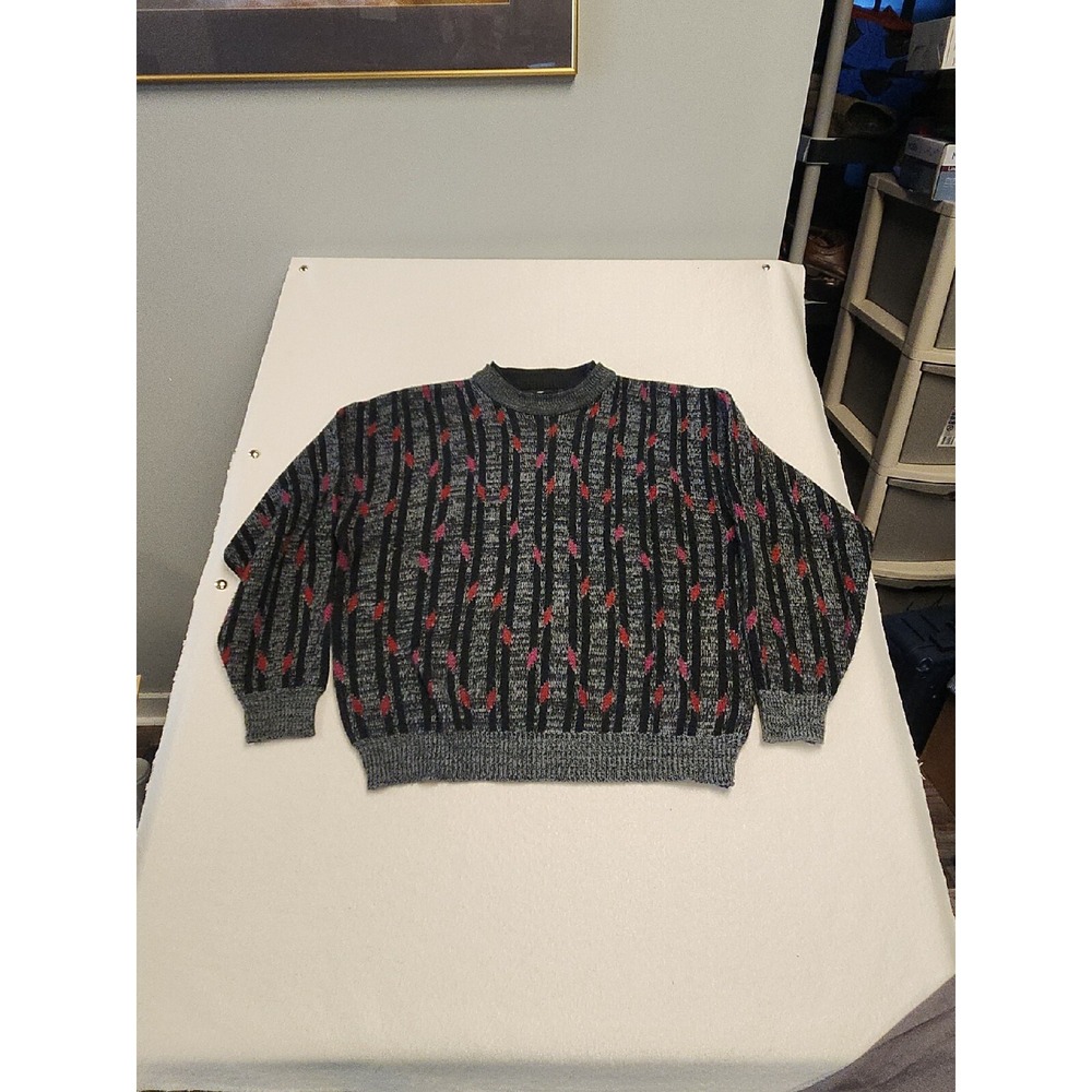Vintage Permit Mens XL Sweater Grey Black Red Pink Geometric Striped Acrylic 80s